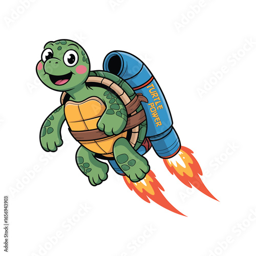 Turtle with jetpack flying with flames cartoon