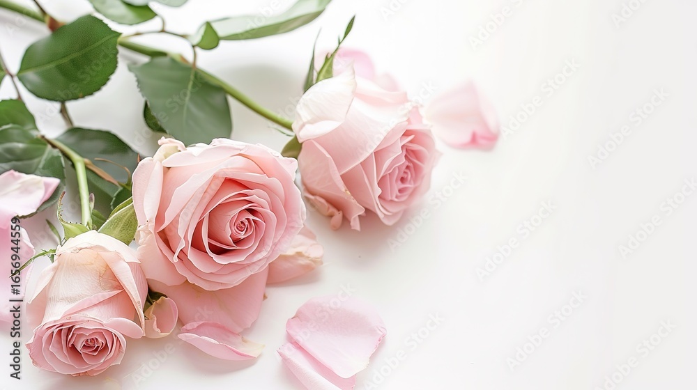 Fototapeta premium Bridal Blooms: Exquisite Pink Rose Wedding Border – Soft Blush and Fuchsia Roses in Full Bloom, Intertwined with Ivory Baby’s Breath and Silky Green Leaves, Framing a Delicate Edge for Wedding Invitat