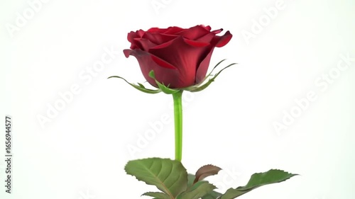 Red rose with green stem on white background.