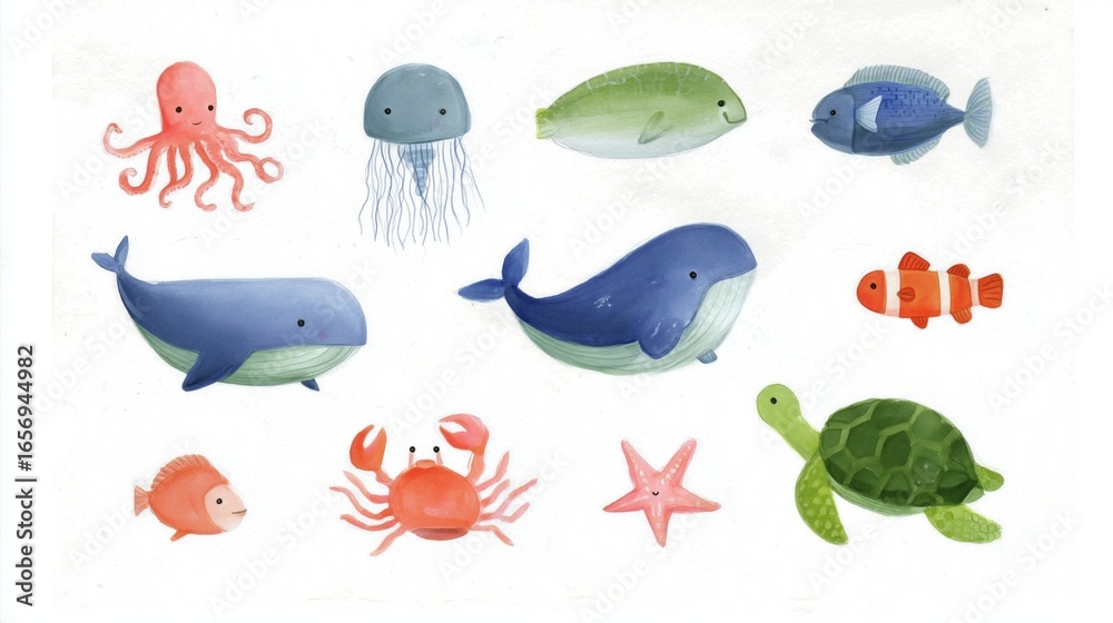 Naklejka premium hand drawn colorful illustration set of detailed sea animals
