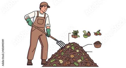 compost pile turning by a gardener in overalls with a pitchfork enhancing soil health and promoting sustainable gardening practices for eco-friendly waste disposal