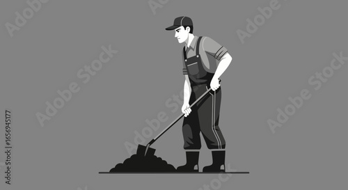compost work farmer using a shovel to mix a compost pile outdoors promoting sustainability environmental responsibility and organic farming practices perfect for eco-friendly agricultural themes.