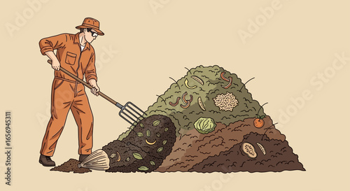 compost work gardener using a pitchfork to turn the compost pile mixing organic waste and soil outdoors promoting environmental sustainability and soil enrichment