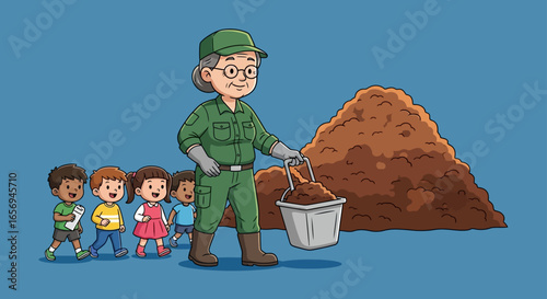 Gardening education with kids senior gardener teaching children about composting working with soil and plants outdoors perfect for school and learning