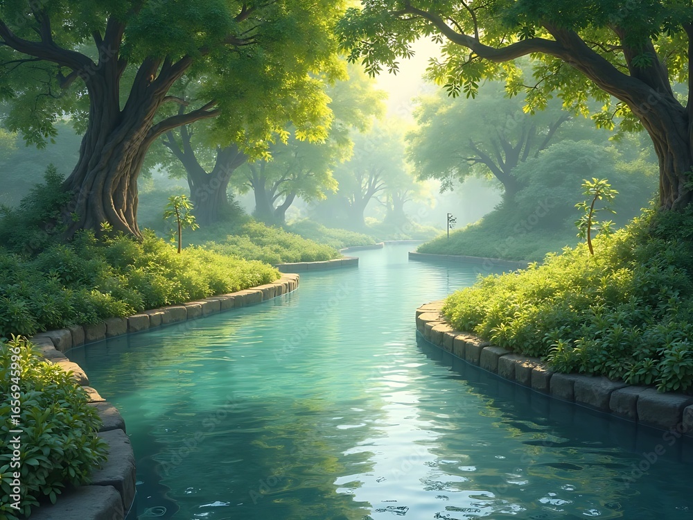 Obraz premium Serene forest stream with lush green foliage and dappled sunlight filtering through the trees isolated on white background