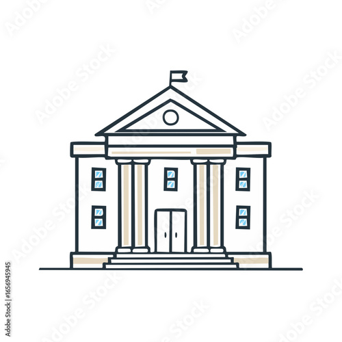 An illustrated courthouse with classic architectural design