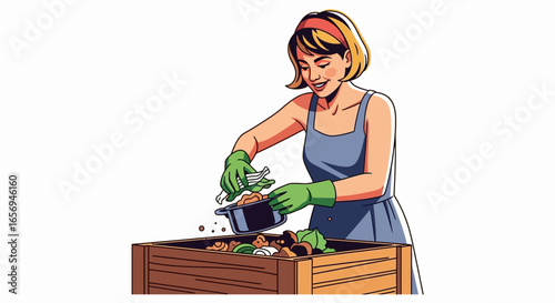 Woman composting food scraps by sorting kitchen waste for recycling in a wooden bin promoting eco-friendly lifestyle and sustainability at home.