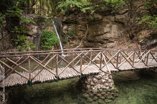 Old wooden bridge in the forest on a clear lake