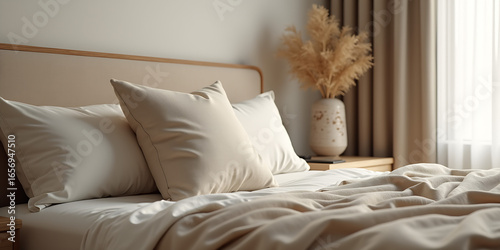 Modern house interior details. Simple cozy beige bedroom interior with bed headboard, linen bedding, bedside table and natural decorations, closeup