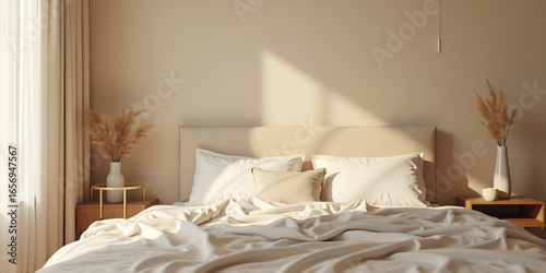 Modern house interior details. Simple cozy beige bedroom interior with bed headboard, linen bedding, bedside table and natural decorations, closeup
