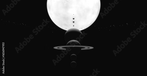 An artistic representation of the solar system in monochromatic form with the moon and planets elegantly aligned in space