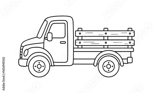 Black and white outline of a pickup truck with wooden sides