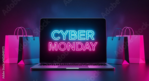 Modern laptop displaying bright neon cyber monday text surrounded by shopping bags illuminated by vibrant blue and pink lights