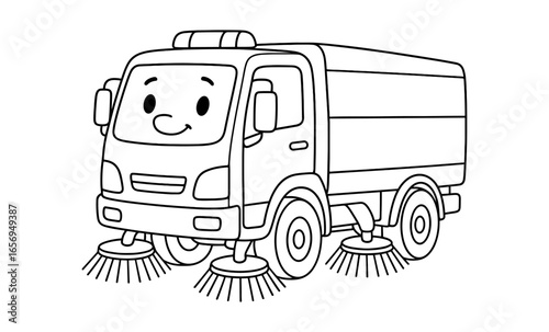 Cheerful cartoon street sweeper truck with smiling face for kids coloring book