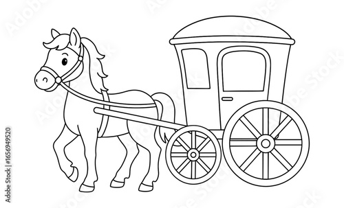 Adorable horse pulling a carriage: charming black and white line art for kids