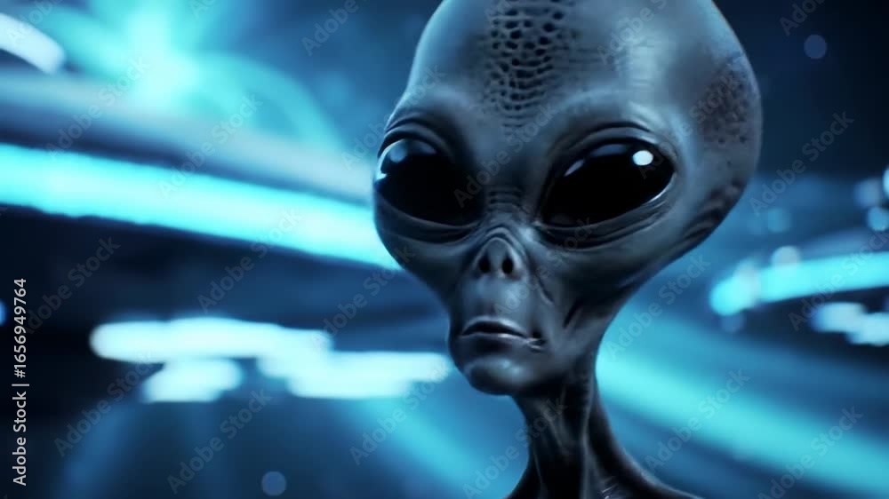 Close-up of a grey alien's face, set against a blurred, futuristic backdrop Close-up of a grey alien's face, set against a blurred, futuristic backdrop
