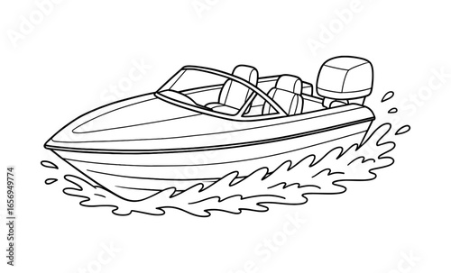 Detailed outboard motorboat coloring page with bold outlines