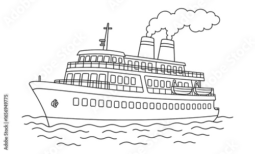 Large cruise ship with smoke stacks and life boats in seas: black and white nautical line drawing