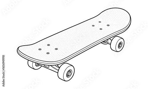 Detailed outline of skateboard with wheels in monochrome style for sports enthusiasts