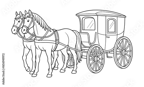 Horse-drawn carriage in black and white line art illustration