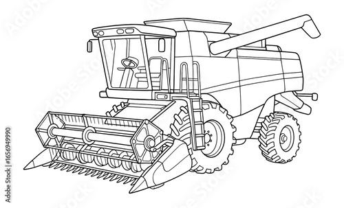 Combine harvester black and white outline with detailed machinery elements