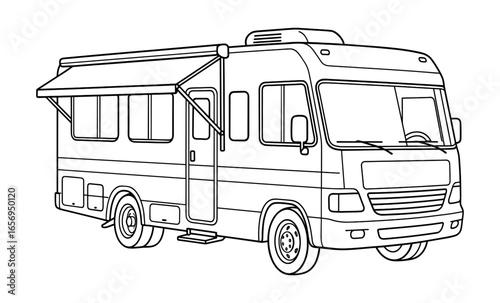 Linear rv drawing with awning for travel and camping enthusiasts