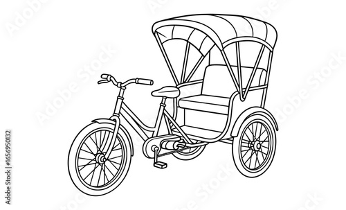 Urban rickshaw in black and white outline for modern transport concepts