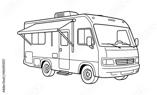 Outline drawing of a recreational vehicle with retractable awning