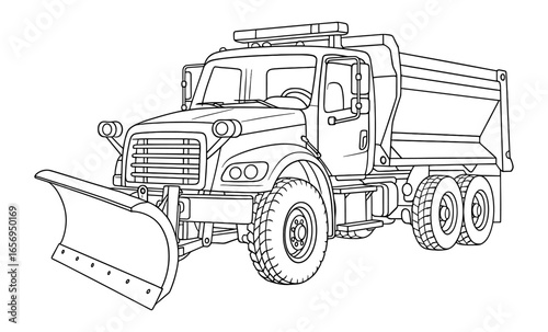 Outline drawing of a snowplow truck with detailed front view for coloring