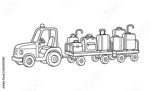 Airport baggage cart with luggage in outline line art style