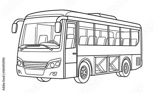 Outline drawing of a bus with detailed interior and exterior design