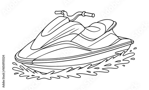 Line art jet ski with splashing water: marine adventure in outline style