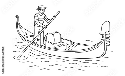 Black and white gondolier paddling gondola outline on water