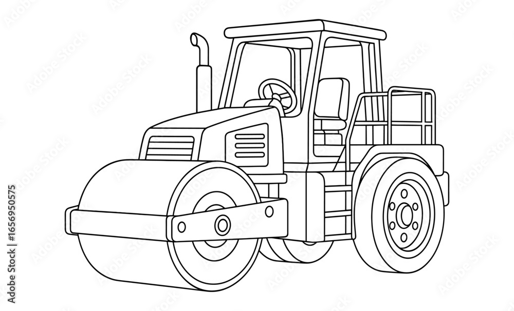 Naklejka premium Outline of a road roller with detailed construction vehicle features for coloring