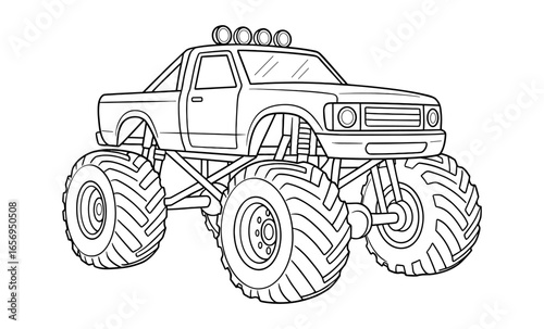 Monster truck line art with oversized tires and detailing for coloring
