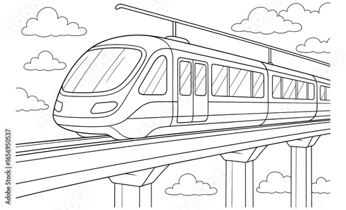 Modern high-speed train on elevated track with sky background in linear style