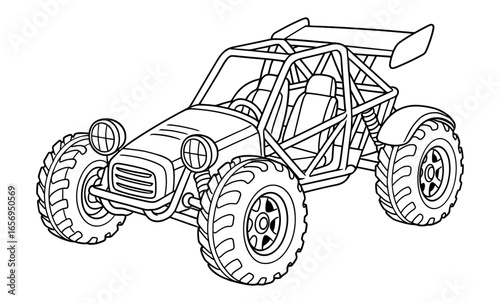 Off-road buggy line art design with detailed roll cage and suspension