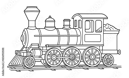 Vintage steam locomotive outline illustration with classic details and wheels