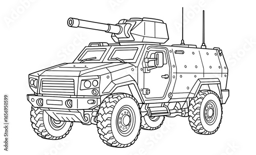 Armored military vehicle outline with cannon turret and tactical design