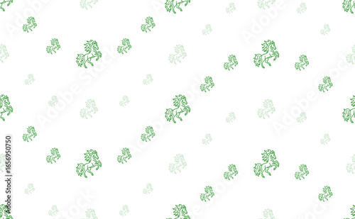 Seamless pattern of large and small green fiery horse symbols. The elements are arranged in a wavy. Illustration on light green background