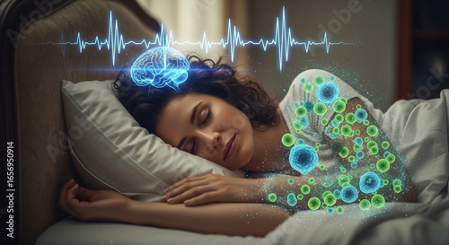 Woman sleeping brain activity sleep cycle deep sleep health wellness rest mind body connection night time dreams