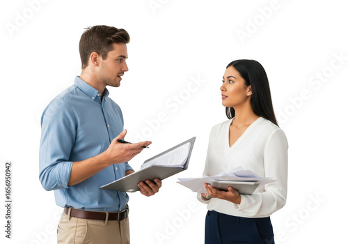 Man woman discussing documents isolated on transparent background