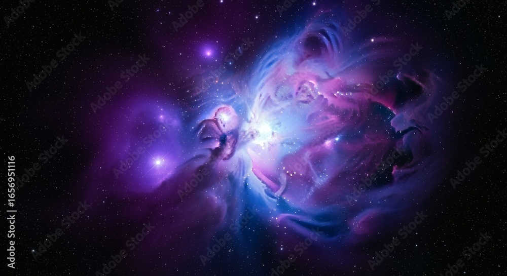 Fototapeta premium Photorealistic nebula scene in deep space, cinematic clouds of luminous gas swirling across dark starry cosmos, soft gradients and scattered starlight creating an immersive atmosphere.