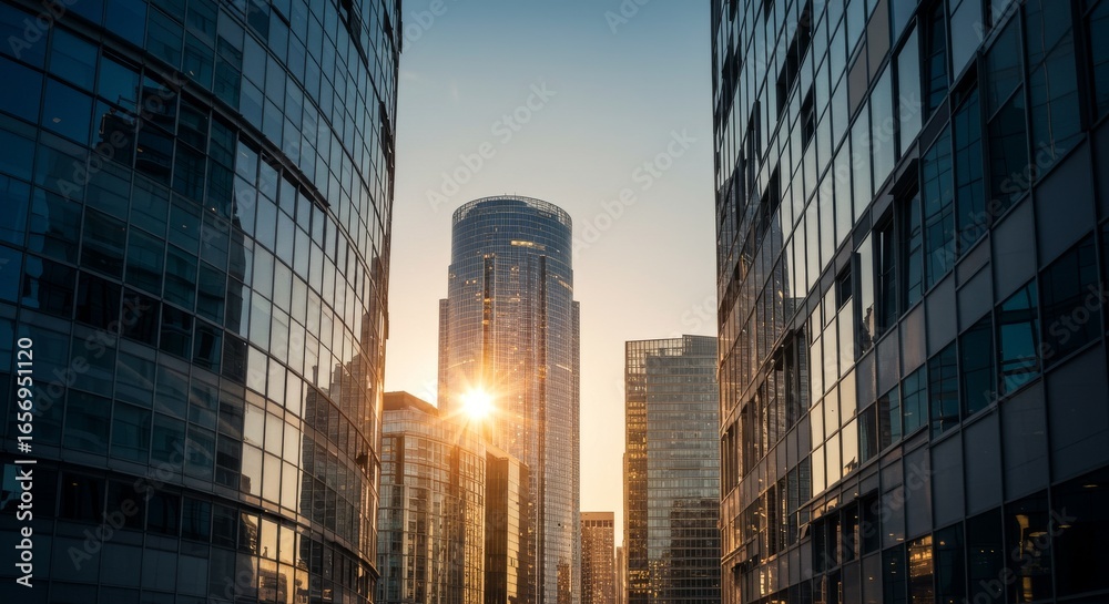 Fototapeta premium Futuristic City Towers with Reflective Glass Facades and Sun Flare in Business District