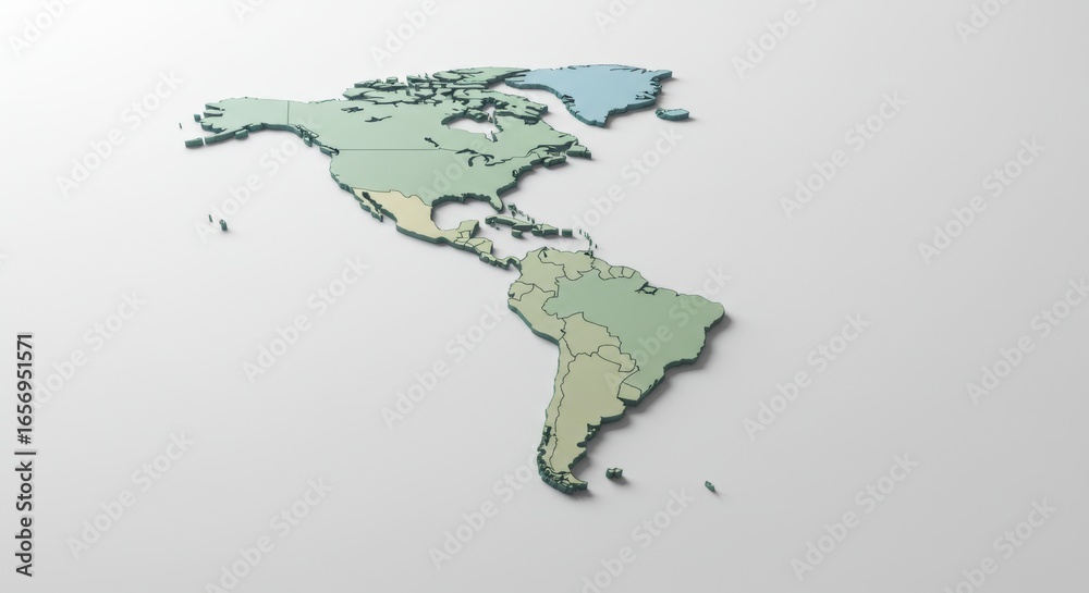 Fototapeta premium 3D American Continent Map Isolated on White Background Showing North and South America with Borders