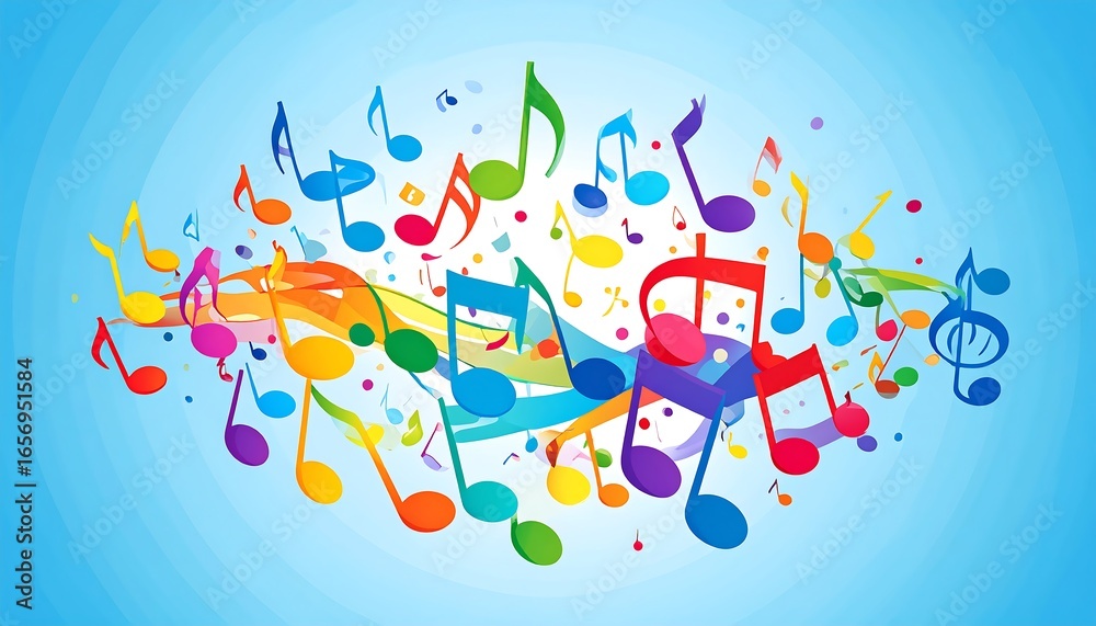 Fototapeta premium Colorful musical notes scattered across a light blue background.