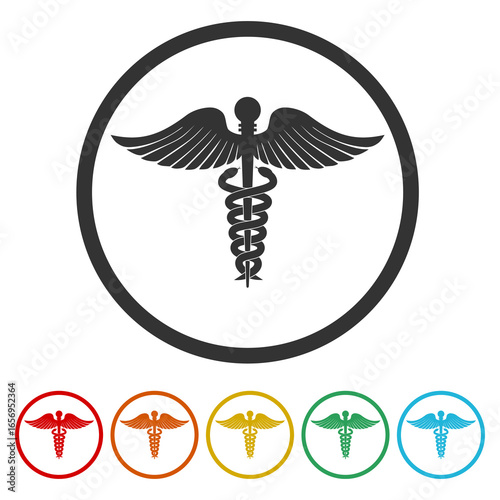 Caduceus Medical icon. Set icons in color circle buttons
