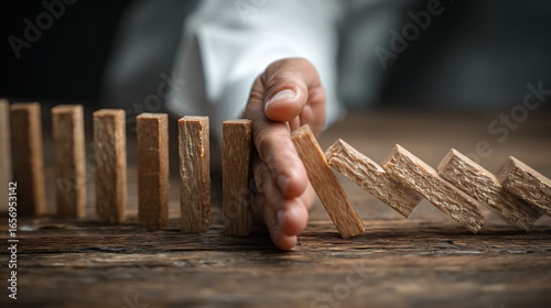 Hand stopping falling wooden blocks domino effect preventing