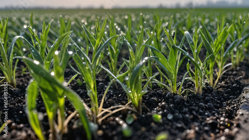 Macro shot of freshly plowed farmland with puddles and tiny seeds