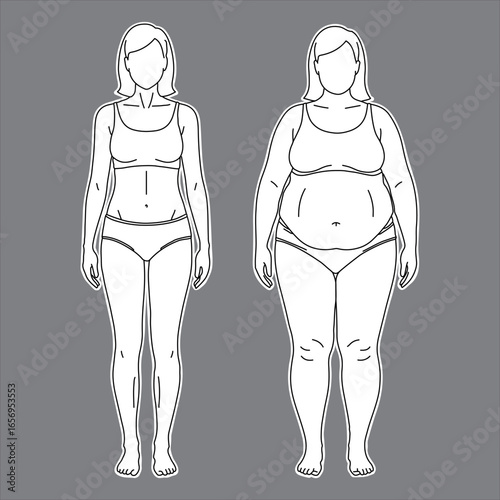 Female Body Type Comparison: Normal Weight vs Obese (Front, Line Art)